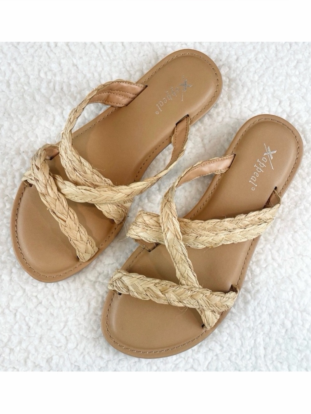 XAPPEAL • Tan Braided Strappy Open-Toe Slip-On Sandals, 6.5
